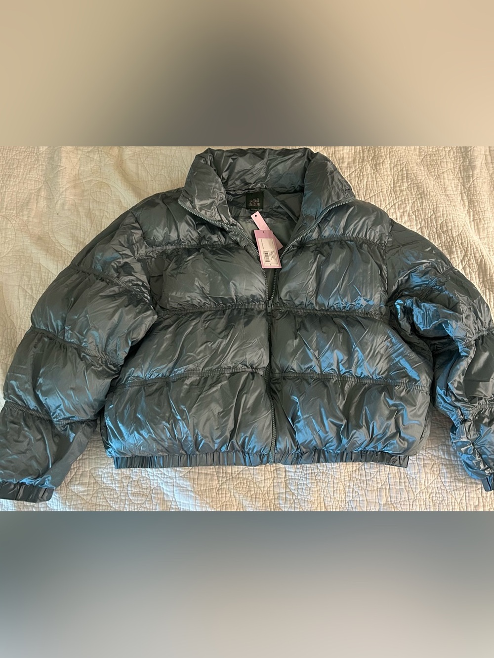 NWT Wild Fable Women’s Metallic Puffer Jacket Neutral Turquoise Gray Size L